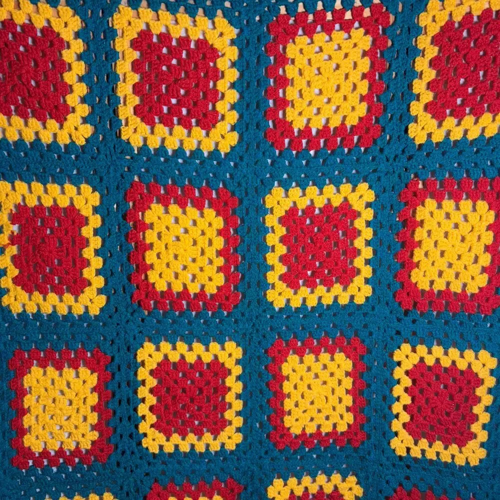 Vintage‎ Crochet Granny Square Blanket Afghan Turquoise Yellow Red Small 59 x 37
